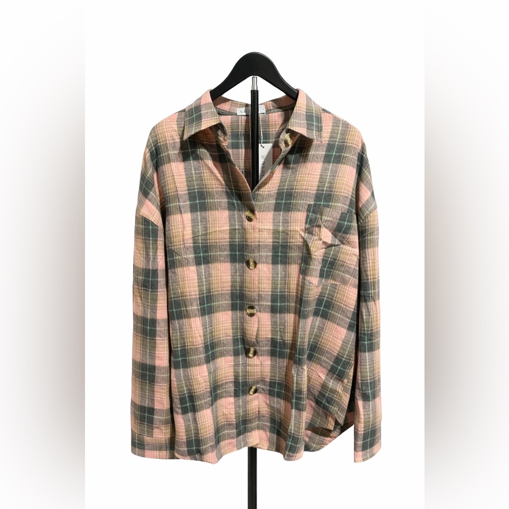 Plaid Button-Up Shirt in Pink and Green - Picture 1 of 5